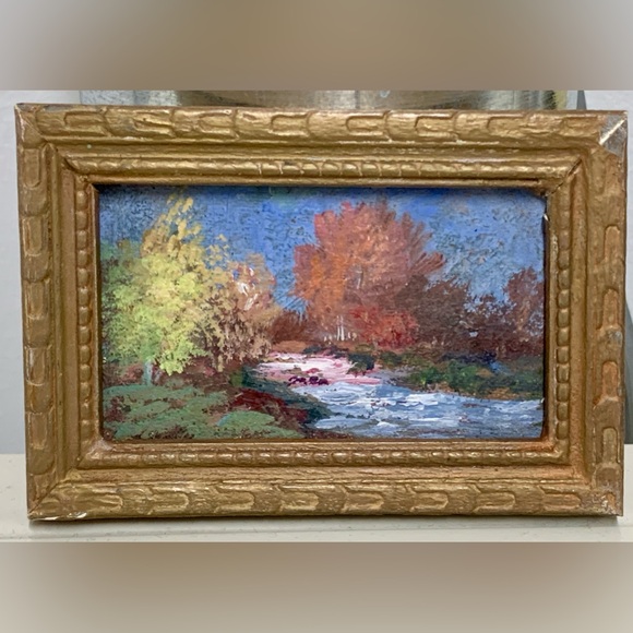 Antique Miniature Gold Painted Wooden Framed Original Nature Scene Oil Painting - Picture 16 of 16